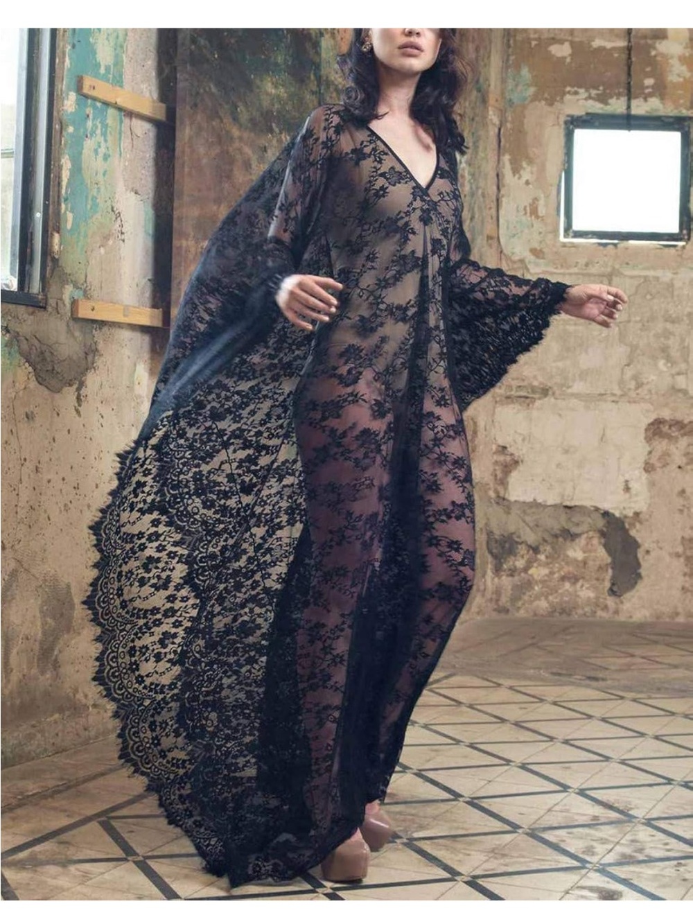 Long Lace Batwing See Through Robe - Picture 1 of 10